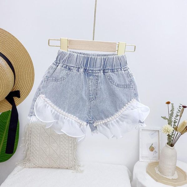 

shorts girls' wear children's 2021 summer pearl lace sweet denim casual pants, Black