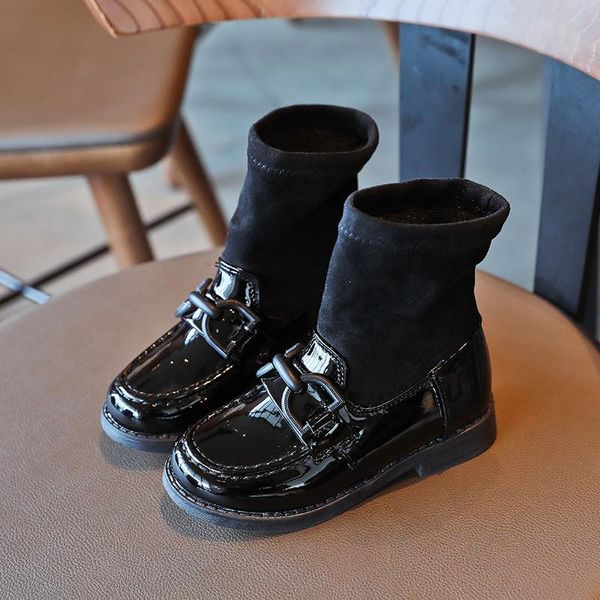 

boots fashion children with metal buckle 2021 autumn girl sock heel child ankle shoes, Black;grey