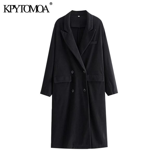 

women fashion double breasted loose woolen coat vintage long sleeve pockets female outerwear chic overcoat 210416, Black