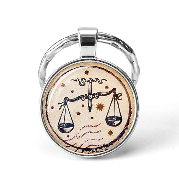

25mm round glass cabochon zodiac signs keychains constellations key chains rings virgo gemini pisces leo keyrings birthday gift, Slivery;golden