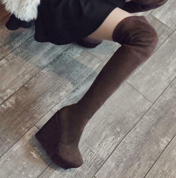 

boots womens platform wedge high heels winter over the knee stretchy shoes suede leather 4colors 2022, Black