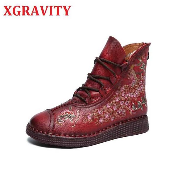 

xgravity new autumn winter warm boots round toe embroidery peacock women boots ethnic genuine leather forest snow shoes s145 210429, Black