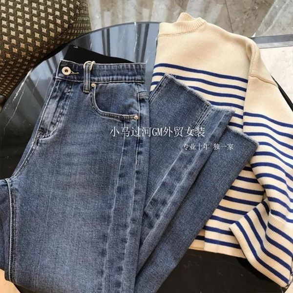 

women's jeans straighted tube loose split woman 2021 autumn streetwear vintage high waist casual all-match ankle-length trouser female, Blue