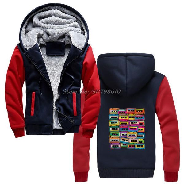 

men's hoodies & sweatshirts retro neon music tape cassette hoodie hip hop men hooded winter thickening keep warm sweatshirt streetwear, Black
