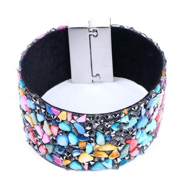 

bangle veemy natural irregular gravel stone crystal magnetic wrapped wristband bracelet wide leather cuff bangles for women jewelry, Black