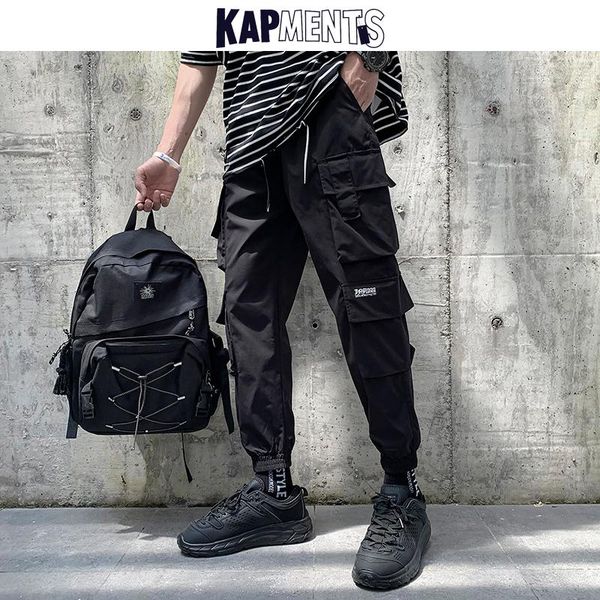 

men's pants kapments men casual pocket streetwear cargo 2021 mens overalls hip hop joggers male korean loose high waist trousers, Black