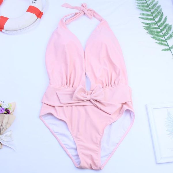 

2021 one piece swimsuit female halter solid color low out backless bow women bathing suit elastic swimming sui one-piece suits