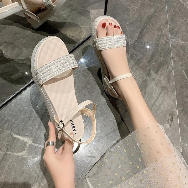 

sandals flat women shiny crystal buckle summer shoes sweet beach comfortable open toe beige black