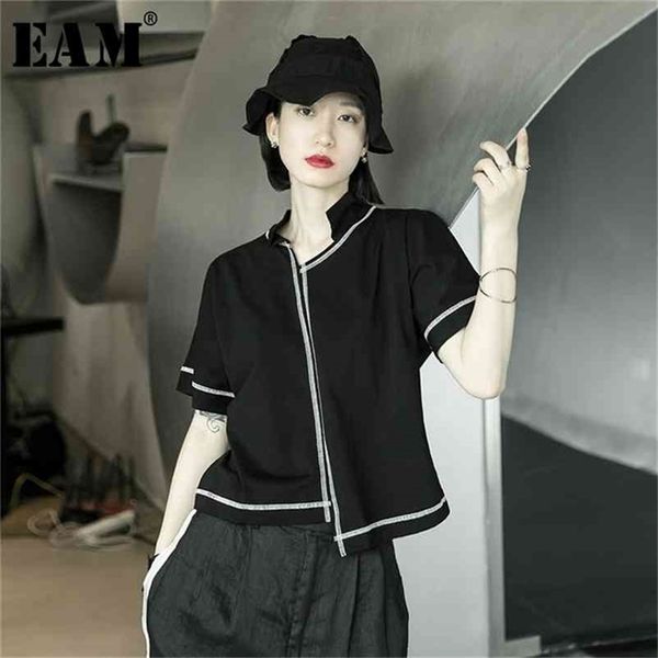 

[eam] women black line stitch irregular big size t-shirt v-collar short sleeve fashion spring summer 1x004 210722, White