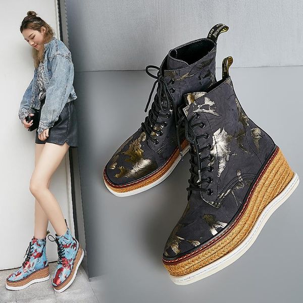 

boots ins women ankle natural leather graffiti printed wedge heel college style fashion wild, Black