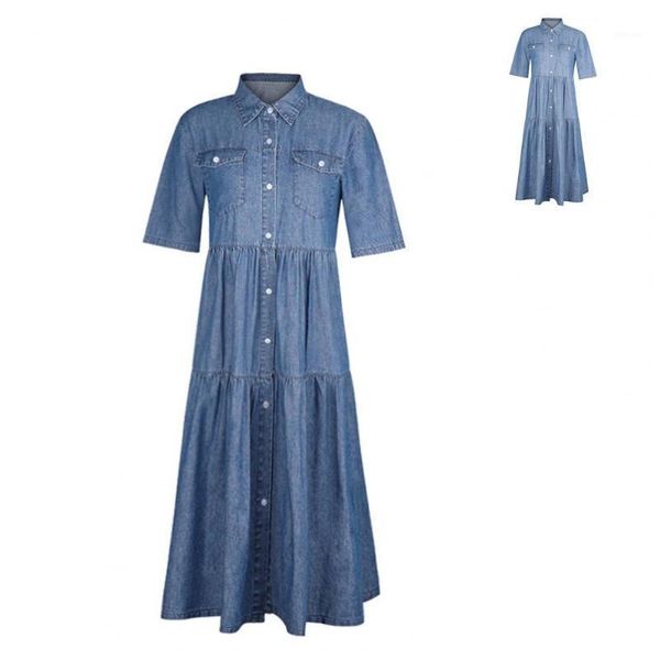 

women's swimwear plus size women summer denim dress retro short sleeve turn down collar pockets button long loose dresses for, White;black