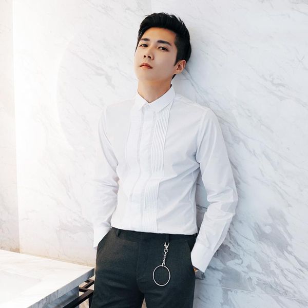 

men's clothing bigbang hair stylist slim british style pleated shirt stage singer costumes casual shirts, White;black