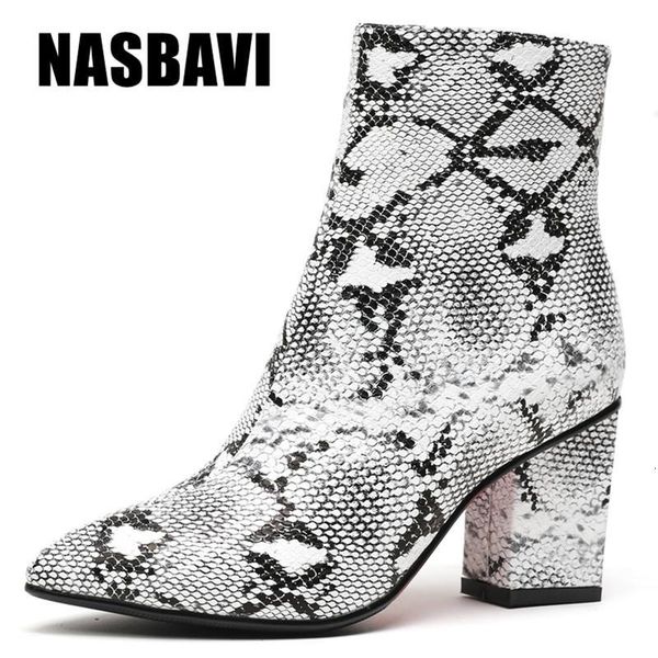 

boots print snake pu women ankle zip pointed toe footwear thick high heels female boot party shoes spring 33ga, Black