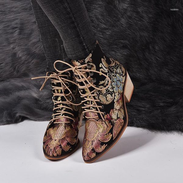

boots bohemian women printed ankle vintage motorcycle booties ladies shoes woman 2021 embroider high heels 35-4311, Black