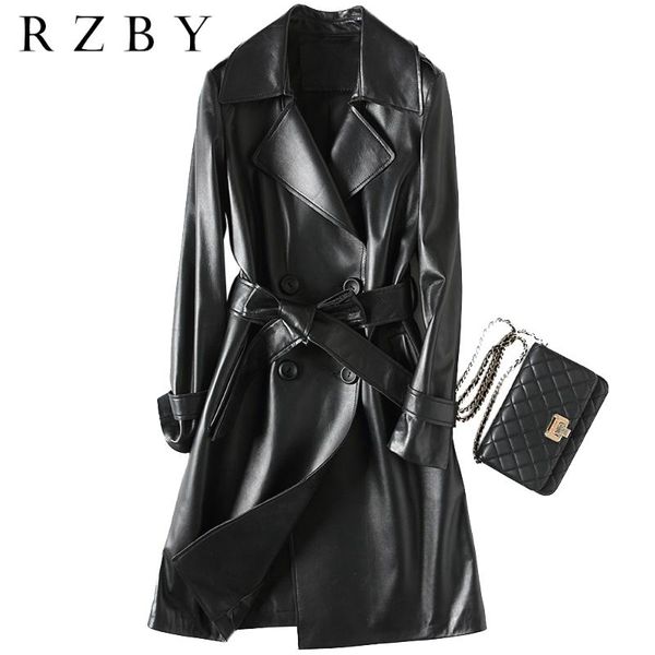

women's leather & faux rzby women 100% sheepskin autumu long warm jacket genuine slim lapel coat rzby232, Black