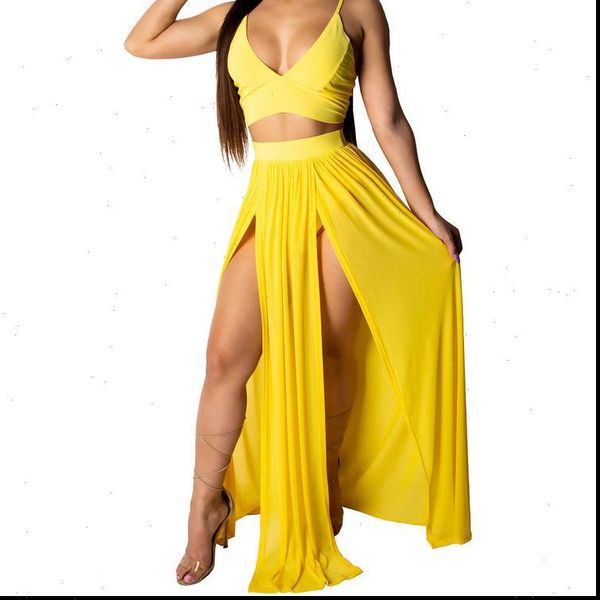 

summer women tracksuits beach deep v party dress long skirt crop two piece set, Gray