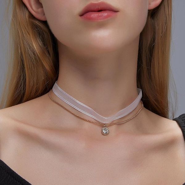 

chokers double-layer mesh clavicle chains korean choker collar french sweet crystal rhinestone pendant necklace strap jewelry for women, Golden;silver