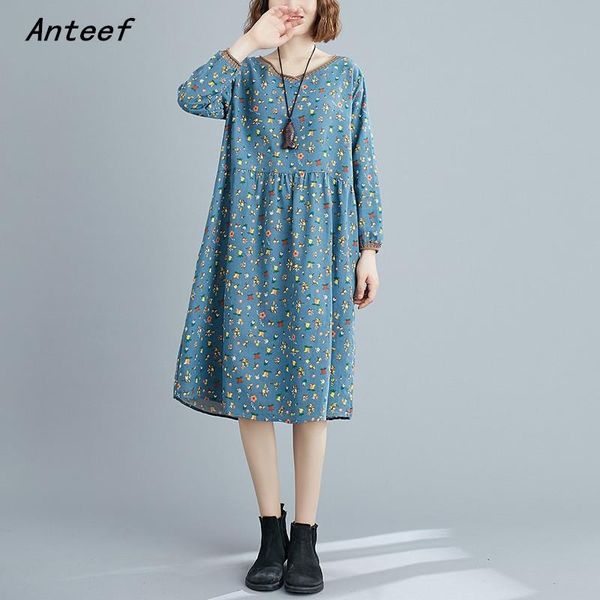 

long sleeve plus size cotton linen vintage floral for women casual loose midi autumn dress elegant clothes 2021 ladies dresses, Black;gray