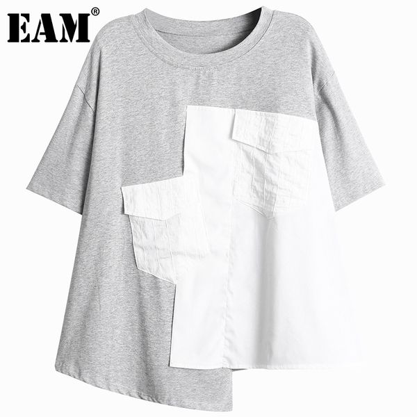 

[eam] women cacual irregular striped spliced pockets t-shirt round neck short sleeve fashion spring summer 1dd8279 210512, White