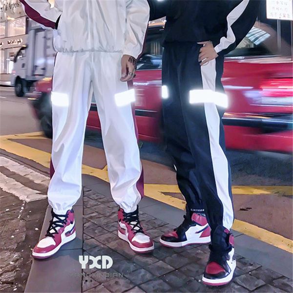 

men's pants fashion summer men women sweatpant flash reflective joggers punk hip hop dance show party night jogger baggy trousers, Black