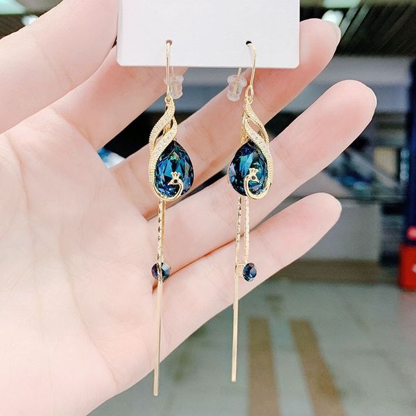 

korean style blue crystal long tassel peacock earrings, Black