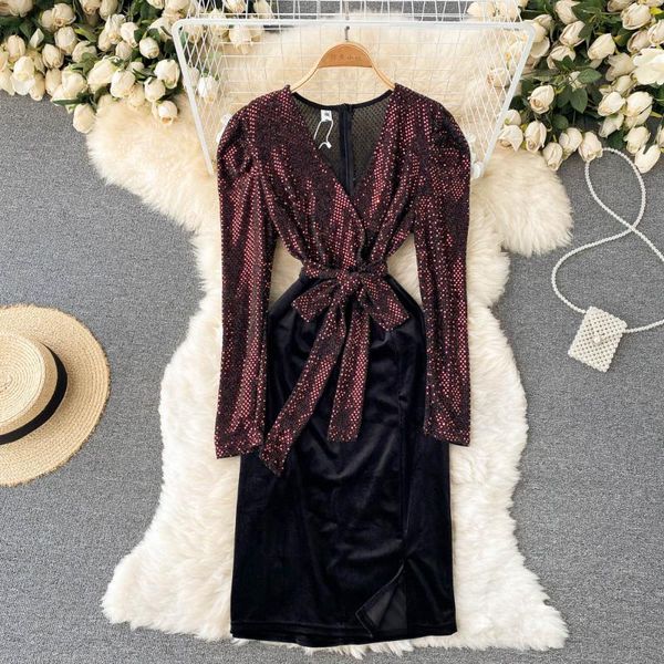 

casual dresses autumn design sequins dress elegant long sleeve slim velour party female split streetwear midi 2021, Black;gray