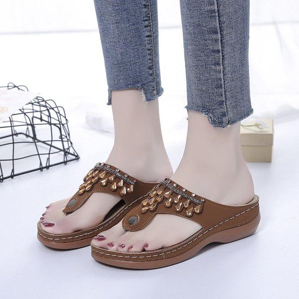 

slippers mid-heel shoes wedge flower mother flip-flops woman sandals 2021 summer beach crystal retro casual women, Black