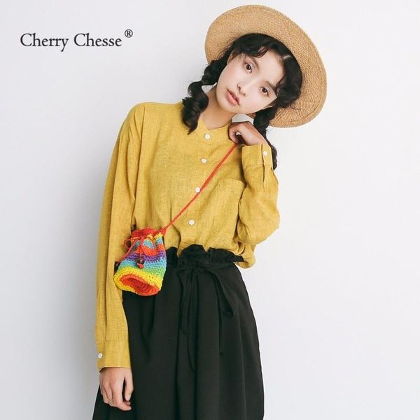 

women's blouses & shirts cherry chesse vintage women remie blouse button pocket solid shirt autumn spring, White