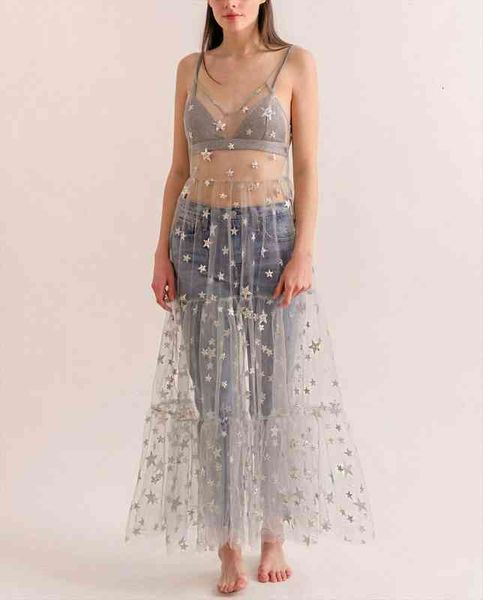 

spaghetti straps tulle cover women dress up long mesh sheer bling star stamping see through pleated, Black;gray