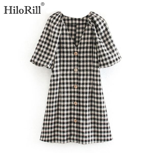 

women plaid cotton mini dresses lantern short sleeve casual buttons summer v neck holiday beach sundress 210508, Black;gray