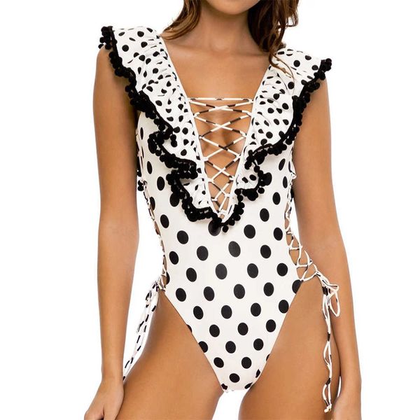 

ruffle one-piece swimsuit fur ball bikini cross print, White;black
