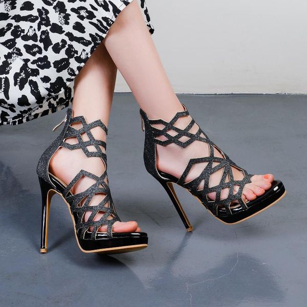 

sandals gree sequined cloth hollow fashion high heels, rear zipper breathable mesh thin strap roman style women's 2021, Black