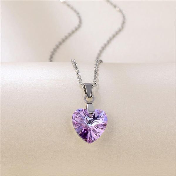 

pendant necklaces shiny heart-shaped purple rhinestone charms pendants necklace for bride lover stainless steel chain decoration jewelry, Silver