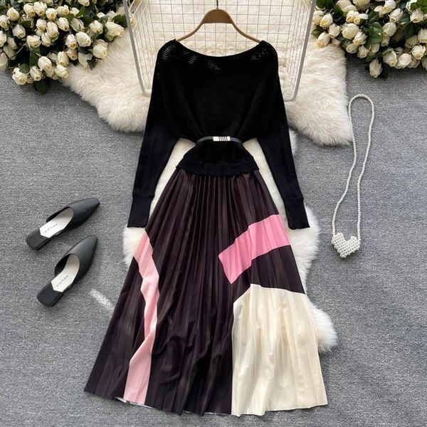 

casual dresses a599 autumn fashion women round neck long-sleeved stitching knitted ladies pleated dress elegant clothes vestidos, Black;gray
