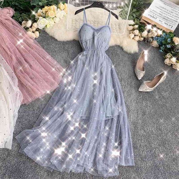 

ftlzz women sequins v neck mesh dress summer chest cushion waist bling gauze fairy dress female sling ruffles a-line dresses 210331, Black;gray