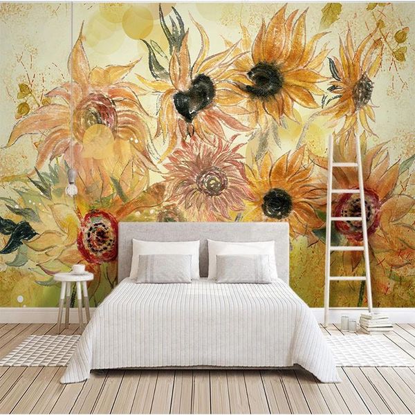 

wallpapers custom any size mural wallpaper 3d sunflower background hand drawn watercolor painting decorative wall sticker self-adhesive