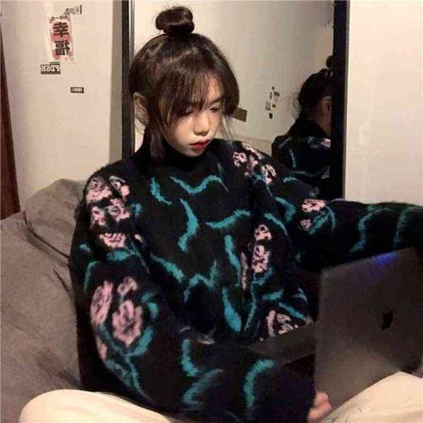 

sueters de mujer retro fashion autumn pullovers floral jacquard sweater women high neck pull femme knitted print, Black