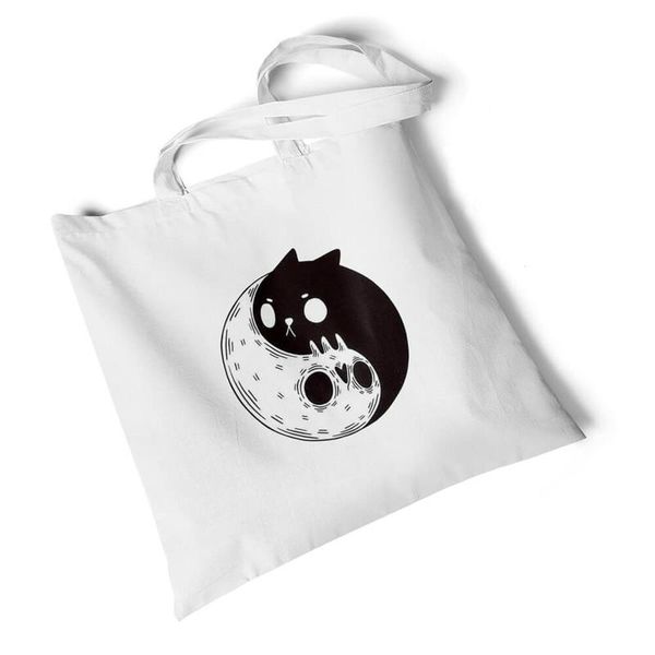 

shopping bags focal20 streetwear yinyang print white canvas bag foldable large shoulder travel environmental reusable original handbag