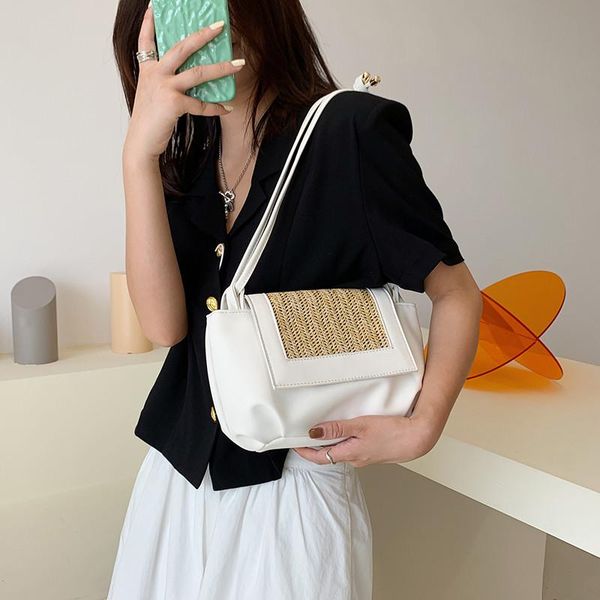 

evening bags large capacity straw woven+pu women's underarm shoulder bag designer female messenger flap buckle handbag