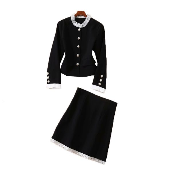 

winter frizzy wool cloth sleeve amendment black lace jacket elegant temperament half skirt women two-piece