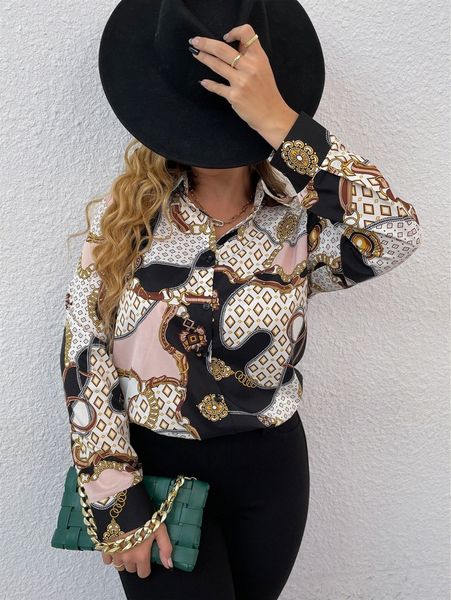 

plus argyle & chain print blouse 06sp#, Black