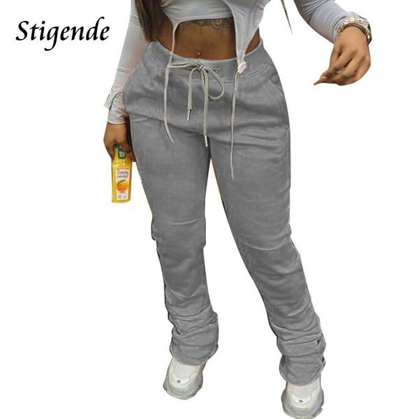 

stigende women drawstring pocket stacked pants casual midi waist plush ruched autumn winter solid color warm trousers women's & capris, Black;white