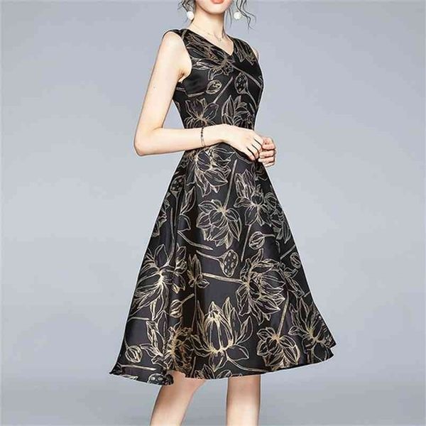

summer fit and flare embroidery jacquard dress women elegant floral print o neck sleeveless vest slim party 210603, Black;gray