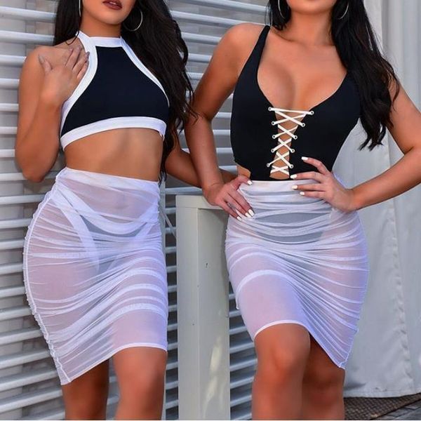 

skirts bkld black womens ruched mesh skirt summer sheer high waist women knee length see through beach party