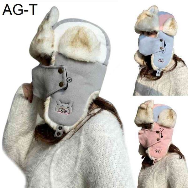 

women winter plush lined warm trapper hat with face mask ears earflap cap 2xpd, Blue;gray