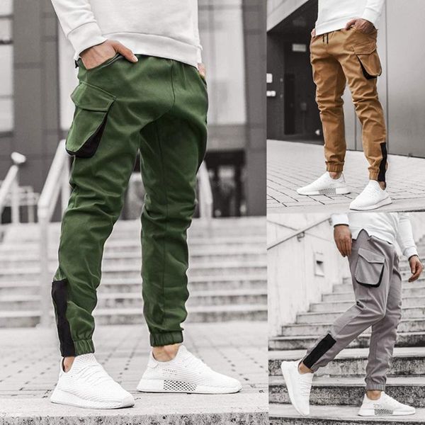 

pants men 2021 fashion casual panelled multi-pocket drawstring loose sports joggers men's, Black