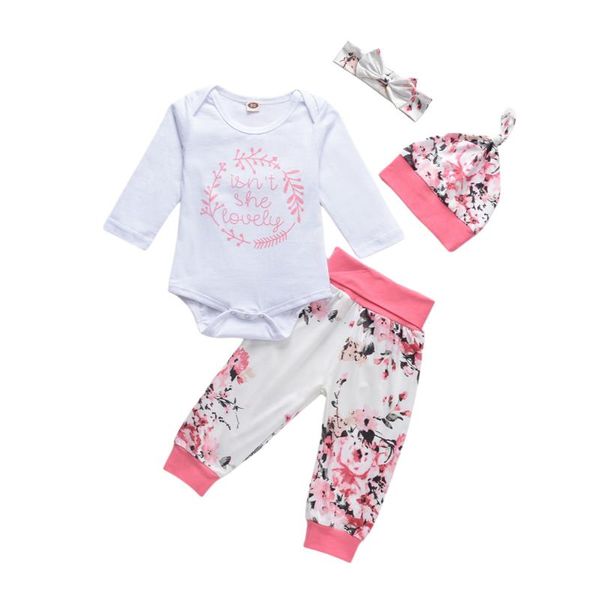 

clothing sets 2021 0-18m sweet baby girl clothes set letter print long sleeve o-neck romper+floral trousers+pointed hat+headband 4pcs, White
