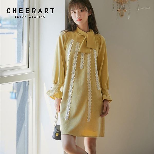 

casual dresses cheerart autumn yellow long sleeve dress women patch bow tie neck knee length ladies classy 2021 korean fashion clothing, Black;gray