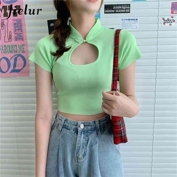 

summer t shirt knitted tee hollow out solid color short tshirt elastic sleeve slim chic korean women t-shirt 210426, White