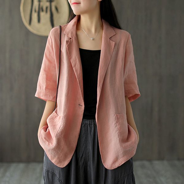 

johnature simple leisure pockets single button half sleeve coats summer cotton linen comfortable all-match women coat 210521, Black;brown